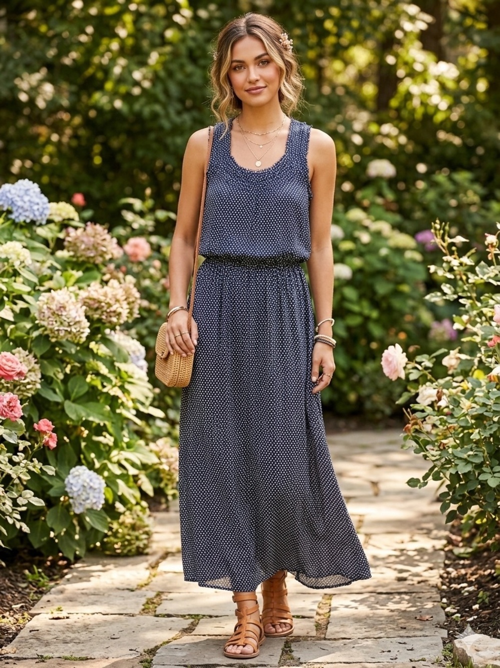Max Studio Navy Heart Print Frayed Trim Maxi Dress Romantic Whimsigoth M